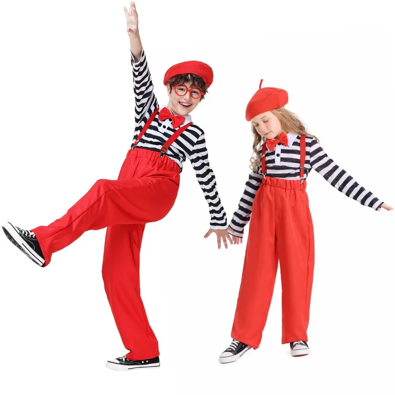 

Children Black White Striped Top Red Suspender Pants Set Kids Wally Cosplay Costume Carnival Party Role Play Outfit
