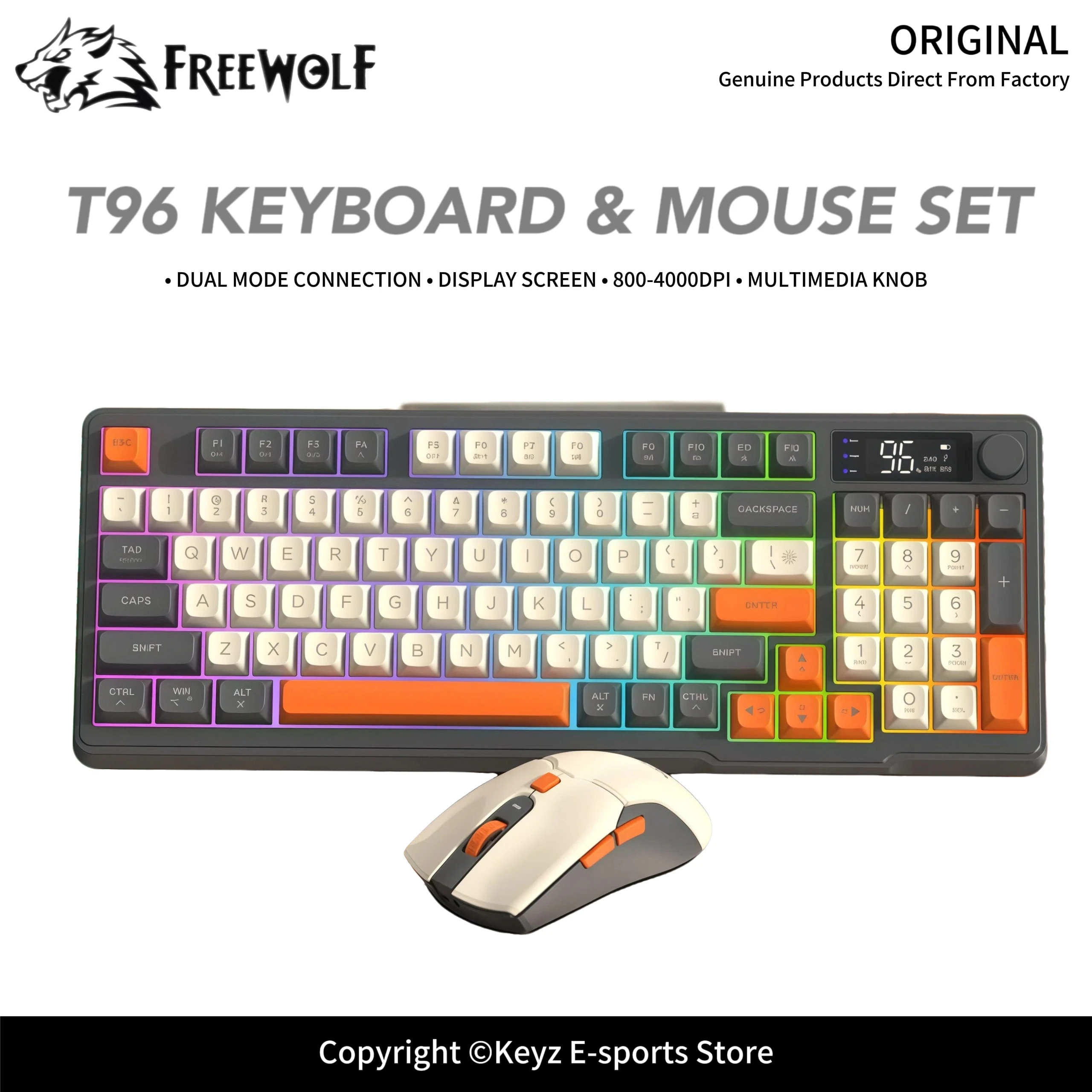 Wireless Gaming Keyboard and Mouse Combo FREEWOLF T96 Bluetooth Dual Mode RGB Backlit PBT Keycaps Ergonomic Long Battery Life