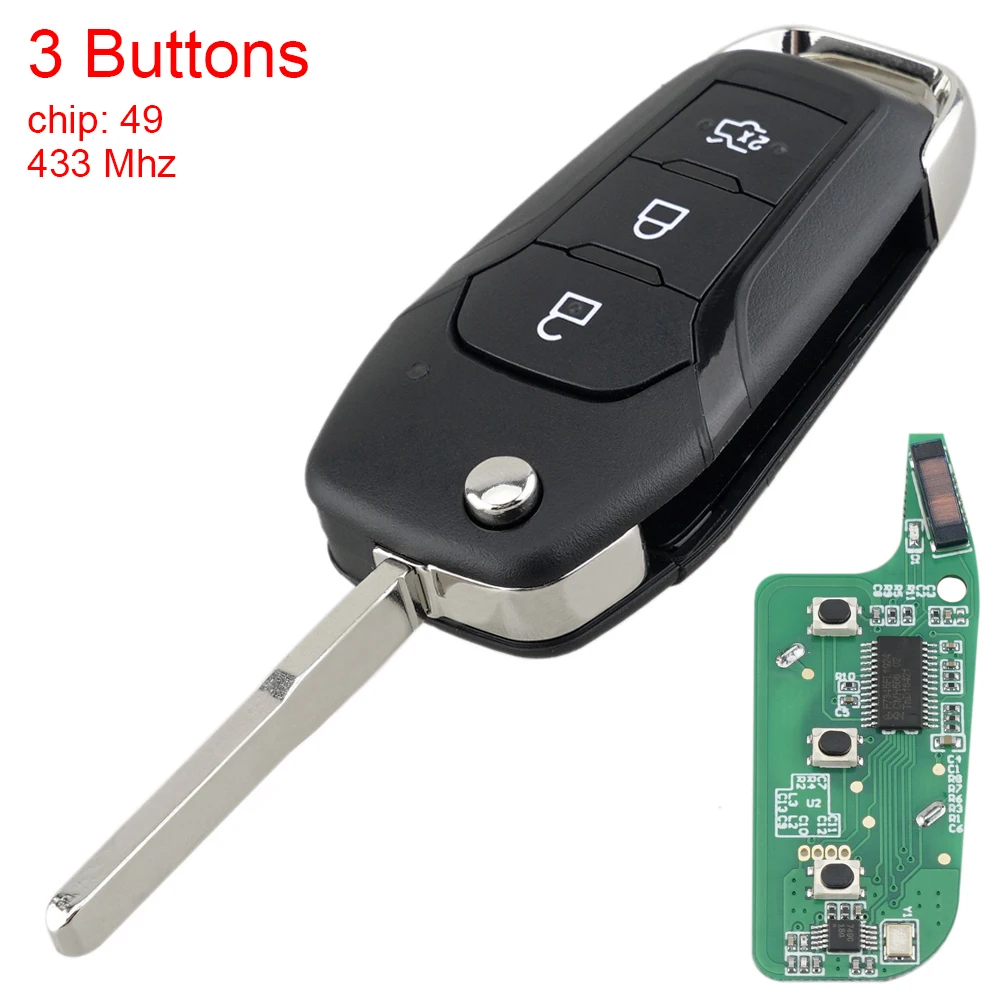 

3 Buttons Car Flip Key Remote 433MHz Key Fob with 49 Chip Auto Car Key Replacement for Ford Transit Custom w/ Panther Engine