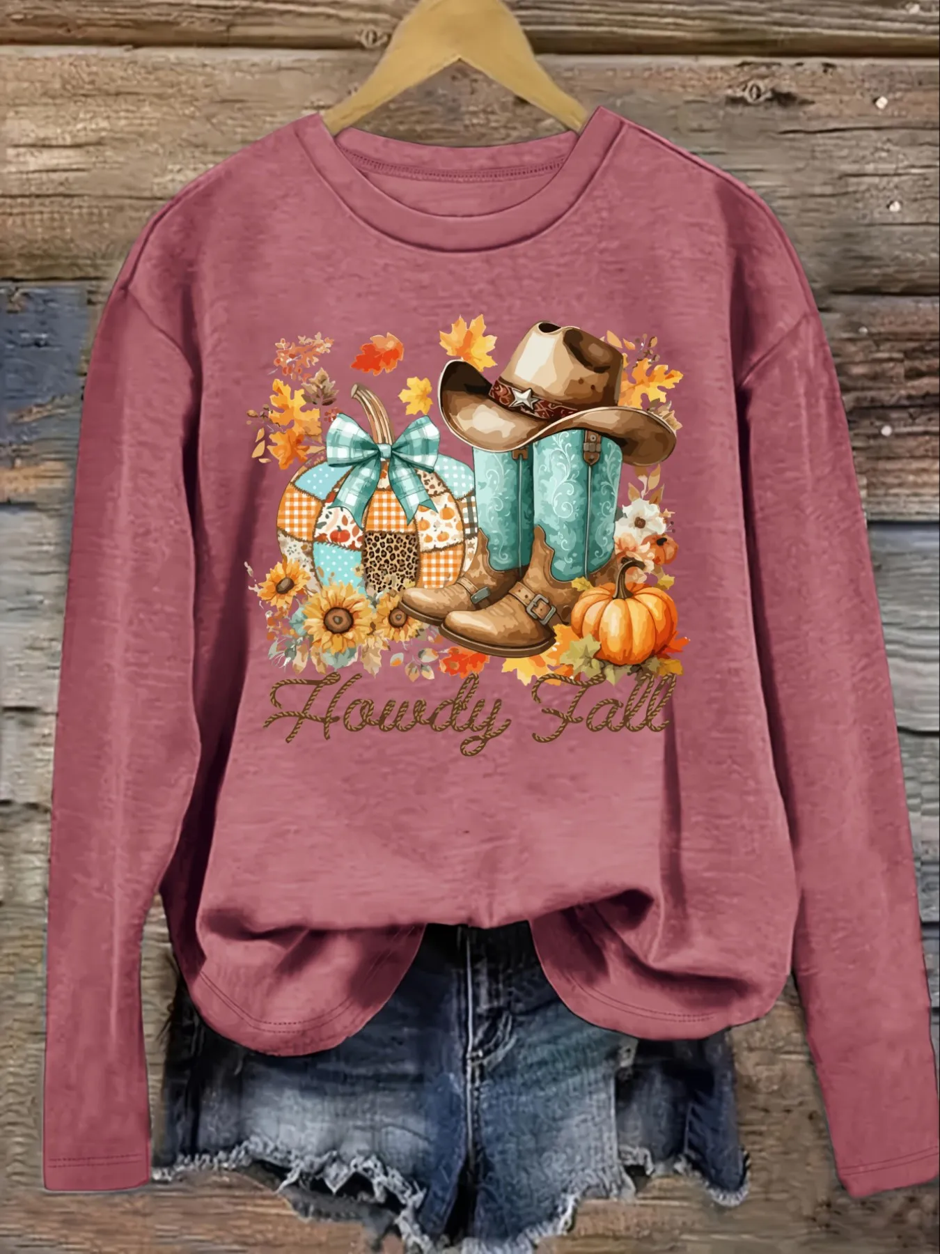 Women's Casual Long Sleeve Crew Neck T-Shirt Howdy Fall Cowboy Boots Pumpkins Design, Round Neck Women's Clothing, Machine Washable, Slightly Elastic, Loose Fit, Spring Autumn Winter Women's T-Shirt, Halloween Costume Outfit view 3