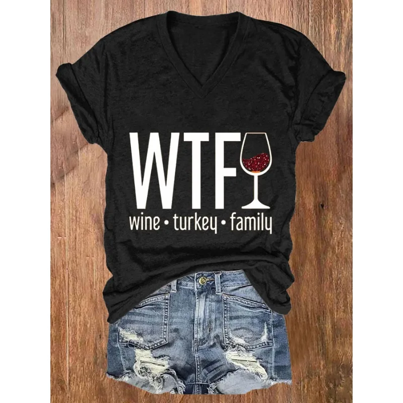 ilstile Women's Thanksgiving Family Print T-Shirts Summer Short Sleeve Casual Loose T Shirt V Neck Tops Tees Orange Hot Sale