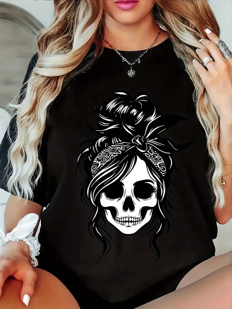 Casual T-shirt voor dames - Zwarte geometrische schedel- en bloemenprint, top met ronde hals en korte mouwen voor lente/zomerpersoonlijkheid Y2K-top