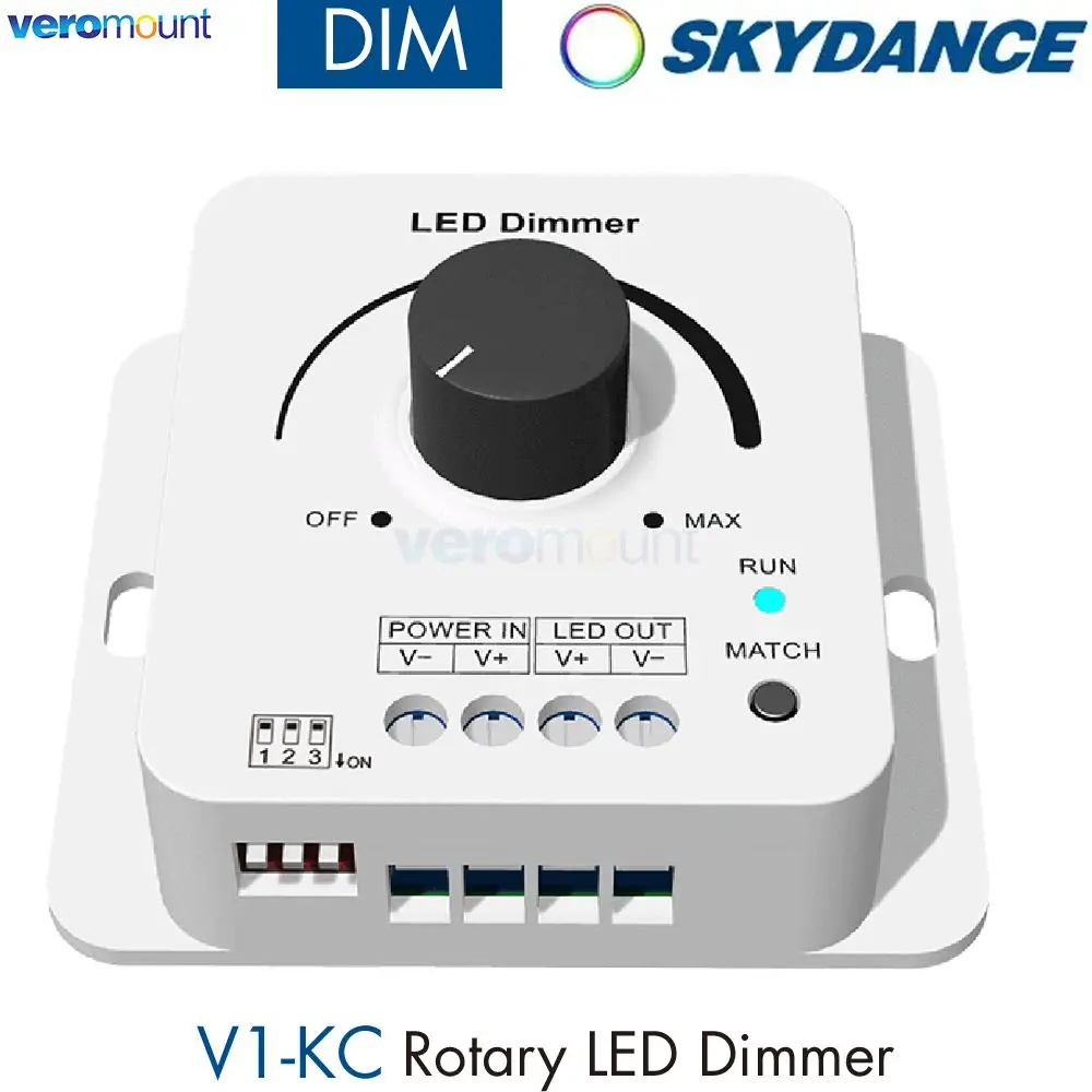 Skydance V1-KC Rotary LED Dimmer 12-48V DC 1CH*8A 5 Levels Light Gradient Speed for Single Color LED Strip Tape 0-100% Dimming