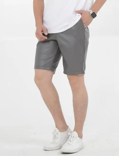 Men's Sexy Slim PU Leather Shorts ，Fitness Sports Punk Style Elastic Colored Shorts ，Knee Length Leather Pants