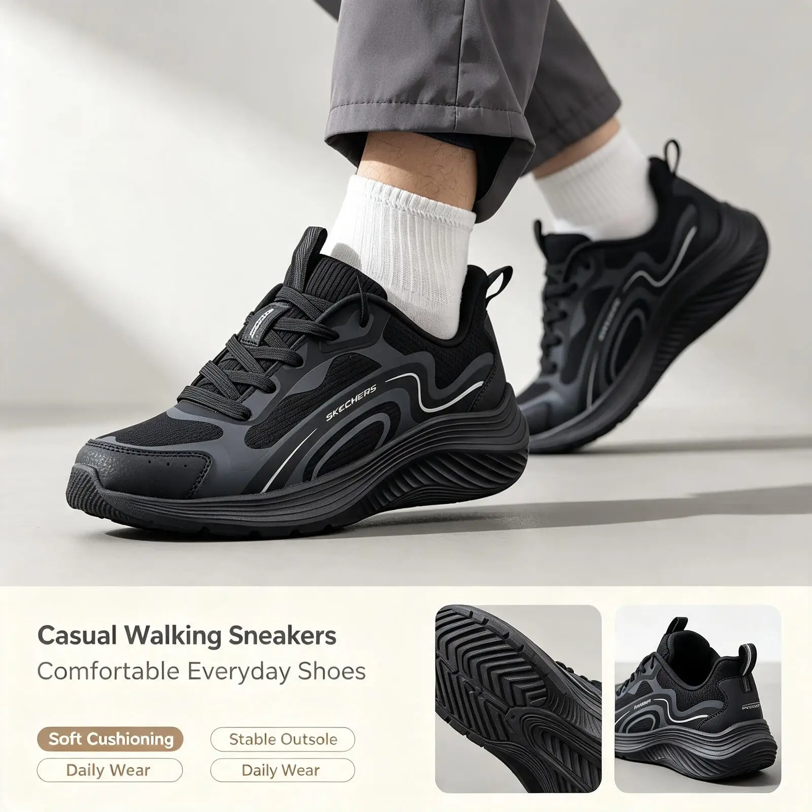 Skechers New Men Casual Sneakers 118227BBK Full Black Lightweight Breathable Soft Sole Comfort Daily Walking Sports Shoes