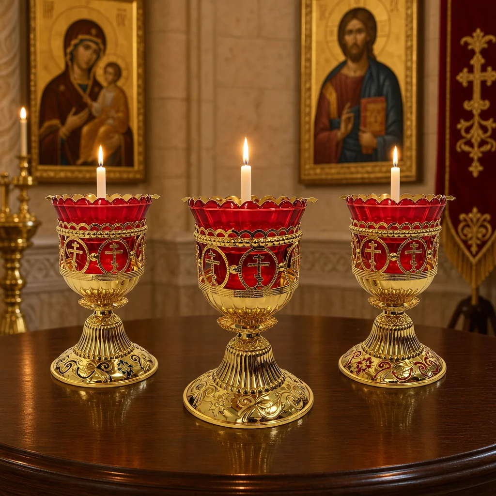 Luxury Orthodox Byzantine Standing Altar Liturgical Vigil Votive Candlestick Red Glass Cup Zinc Alloy Gold Tone Church Gift