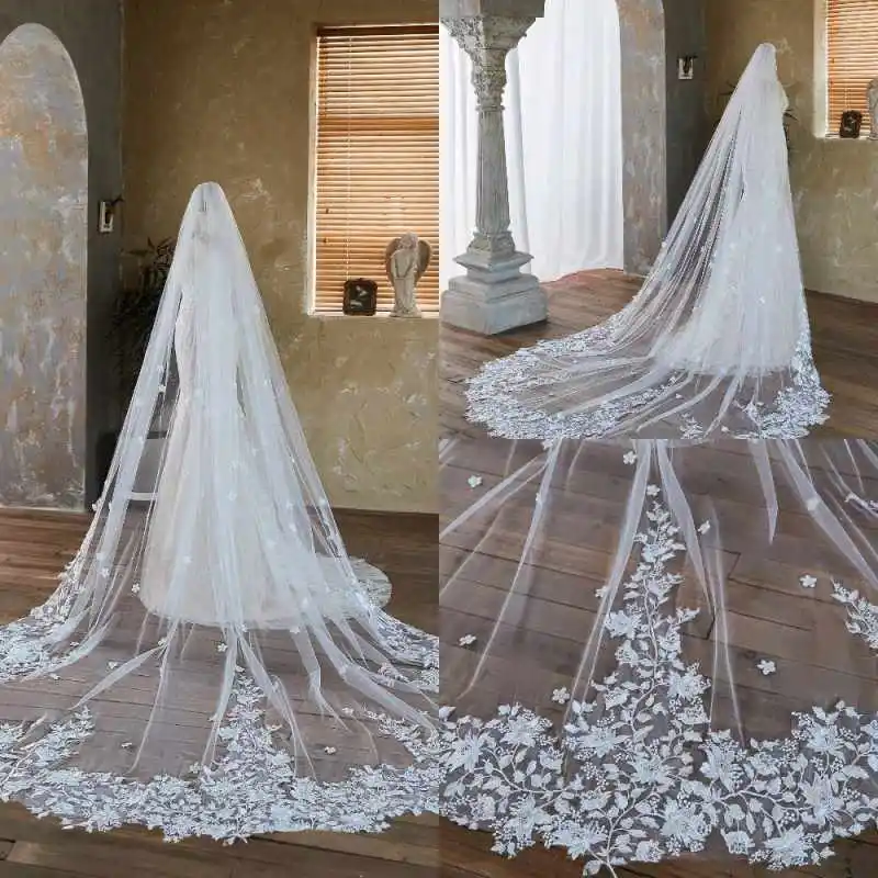 

Простая свадебная фата, кружевная соборная длина, однослойная фата с аппликацией по краям для невесты, Velo De Cabeza, по индивидуальному заказу