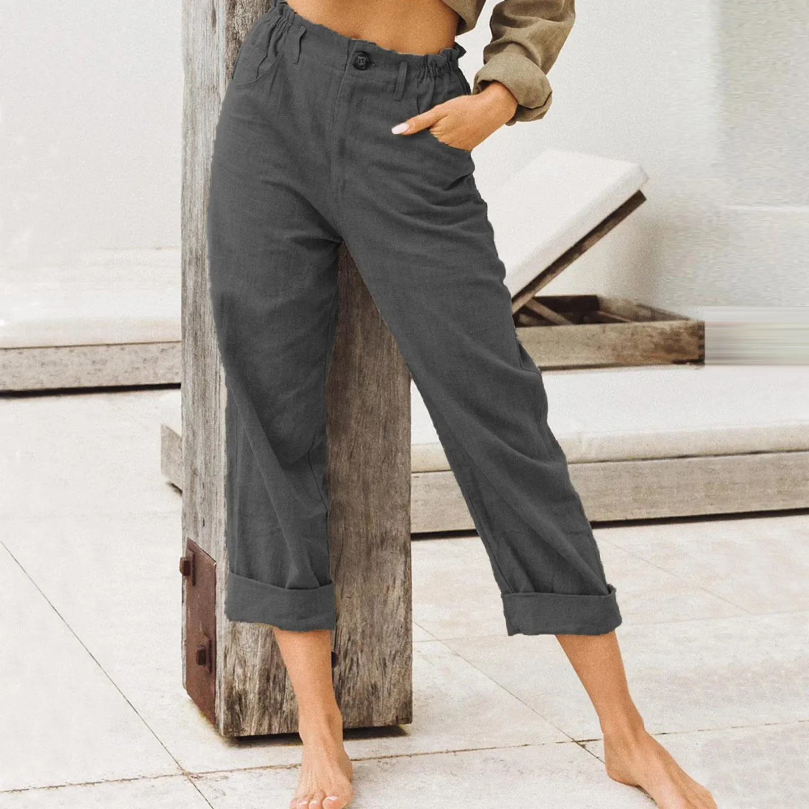 Cotton Linen Big Pocket Thin Women's Pants Solid Elastic Waist Pant For Women 2022 Summer Straight White Homewear Trousers