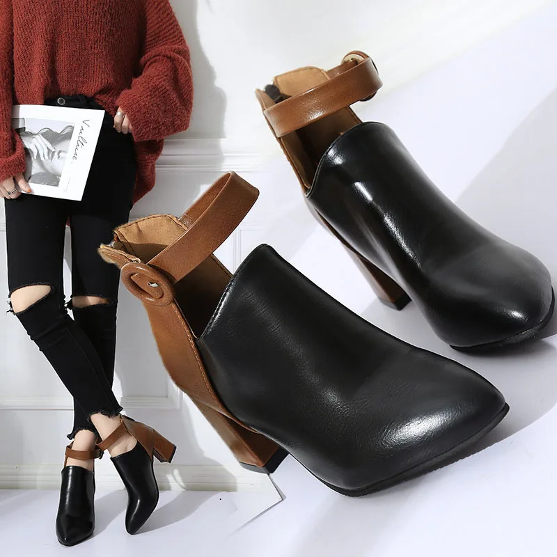 AutumnWomen Ankle Boots Black Chunky High Heel 7CM Color Matching Buckle Bota Back Zip Casual Female PU Learther Botines Chelsea