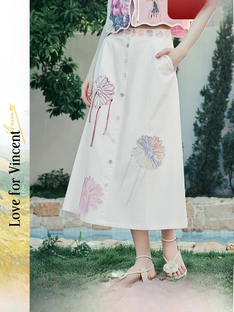 

Новая летняя юбка А-силуэта из хлопка с вышивкой, бахромой и пуговицами, с завышенной талией, для женщин...