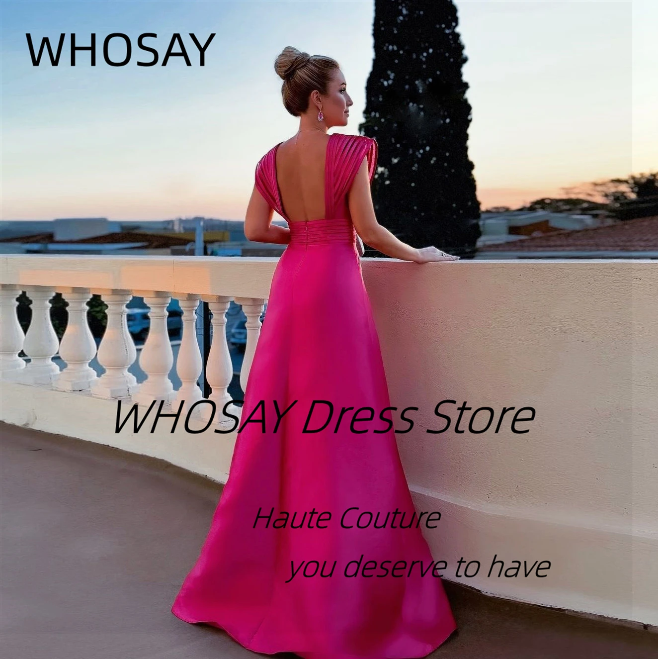 WHOSAY Deep V Neck Prom Dresses Sexy Open Back Special Occasion Women Wear Side Slit Satin Evening Party Formal Gowns