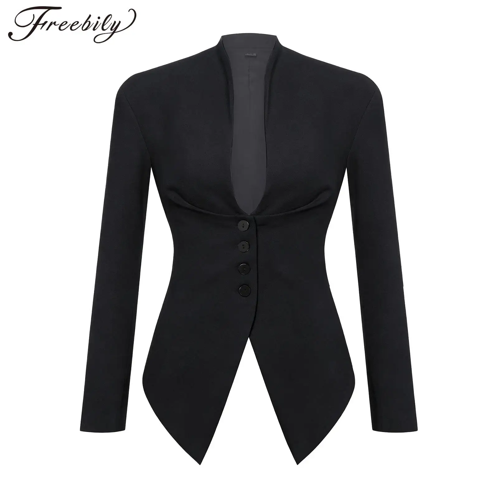 Women Korean Fashion Suits Jacket Button-down Solid Color Blazer Coats Padded Shoulder Pointed Hem Blazers Office Lady Outerwear
