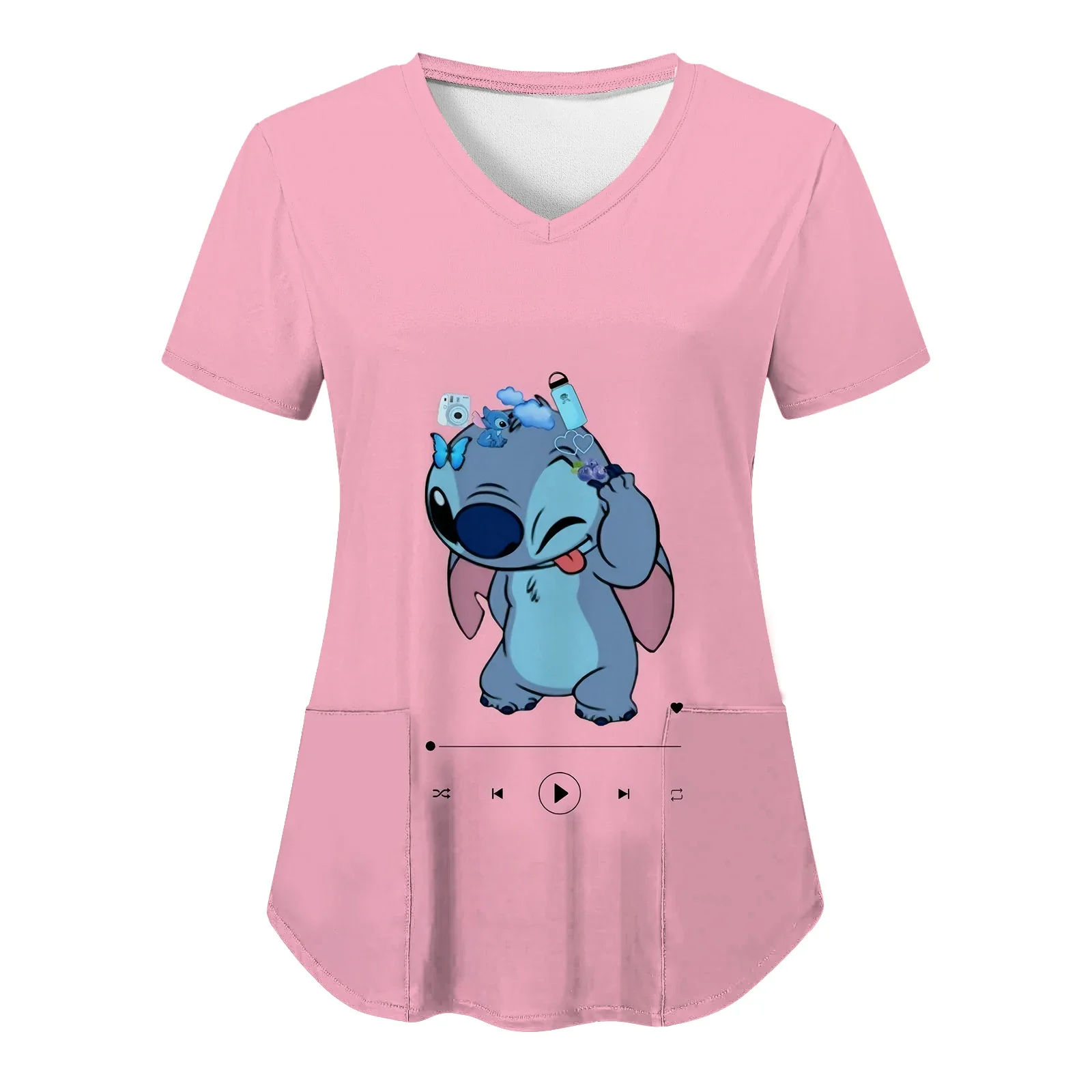 Pocket T-shirts Disney Shirt Hospital Woman Clothes Nurse Uniform Top Women 2023 V Neck Summer Stitch T-shirt Tops Tees Women's