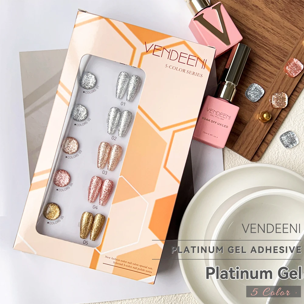 Vendeeni 5 Colors/Set Glitter Platinum Gel Nail Polish Champagne Rose Gold Silver Flash UV LED Soak Off Gel Varnish With Display