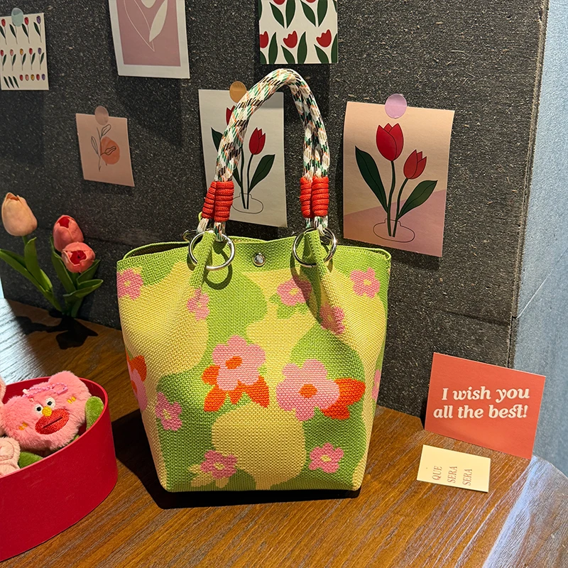 Floral Pattern Knitted Handbag, High-Quality, Eco-Friendly, with Chinese Blessing Messages, Gift Bag, Multifunctional, Large Capacity Tote Bag, Suitable for Gifting to Family, Friends, Classmates, Holiday Shopping, Fashionable Handbag, Daily Casual Outing, Carrying Essentials, Women's Bag