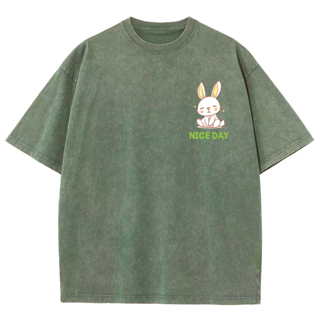 Cute Cartoon Bunny Printed T-Shirt Simple And Cute Washed Denim Round Neck Pullover Shoulder Down New Trendy Short Sleeves