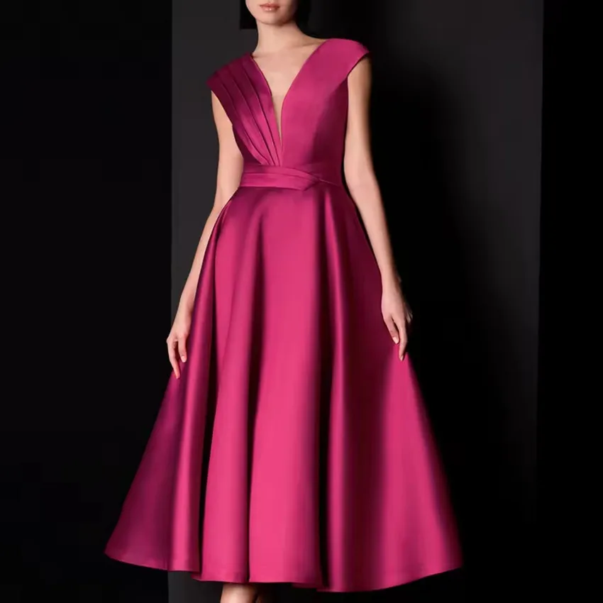 فستان حفلة موسيقية مخصص من الساتان بدون أكمام بدون ظهر على شكل حرف a بطول الشاي مطوي لحفلات الزفاف فستان سهرة رسمي ميدي