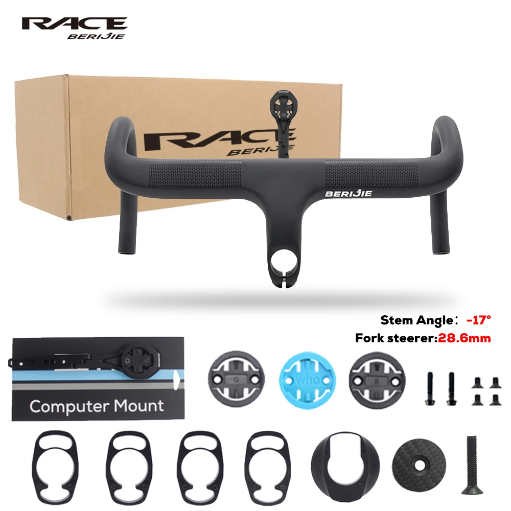 

BERIJIE Full Carbon Fiber Bicycle Cockpit,Road Bike Internal Cable Integrated Handlebar Di2 With Mount,Clip diameter 28.6mm,-17°