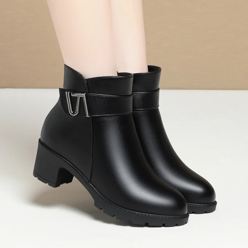 Comfort Soft Leather Women Round Toe Zipper Anti-slip Middle Heel Short Boots Winter Warm Thick Wool Thick Sole Snow Boots