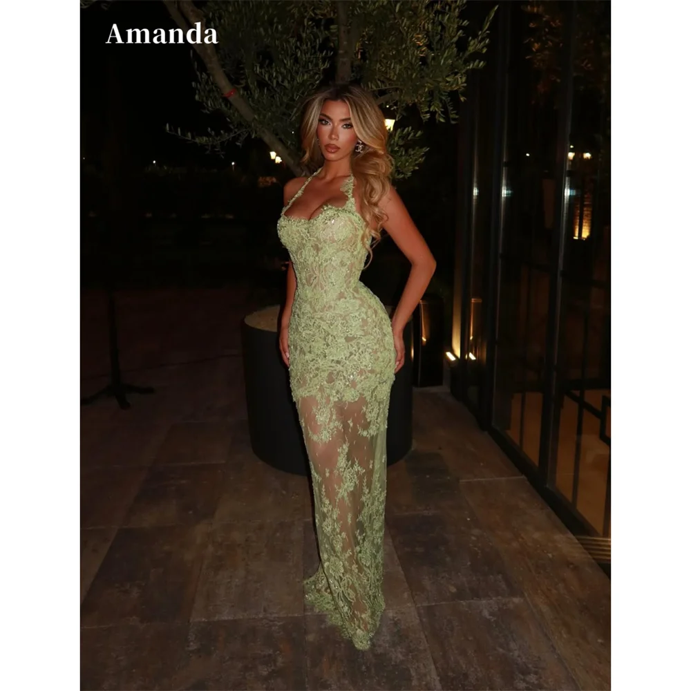 

Amanda индивидуальное зеленое платье-футляр с кружевной вышивкой для выпускного вечера с лямкой на шее, иллюзия, платья de noche, без рукавов, торжественное мероприятие