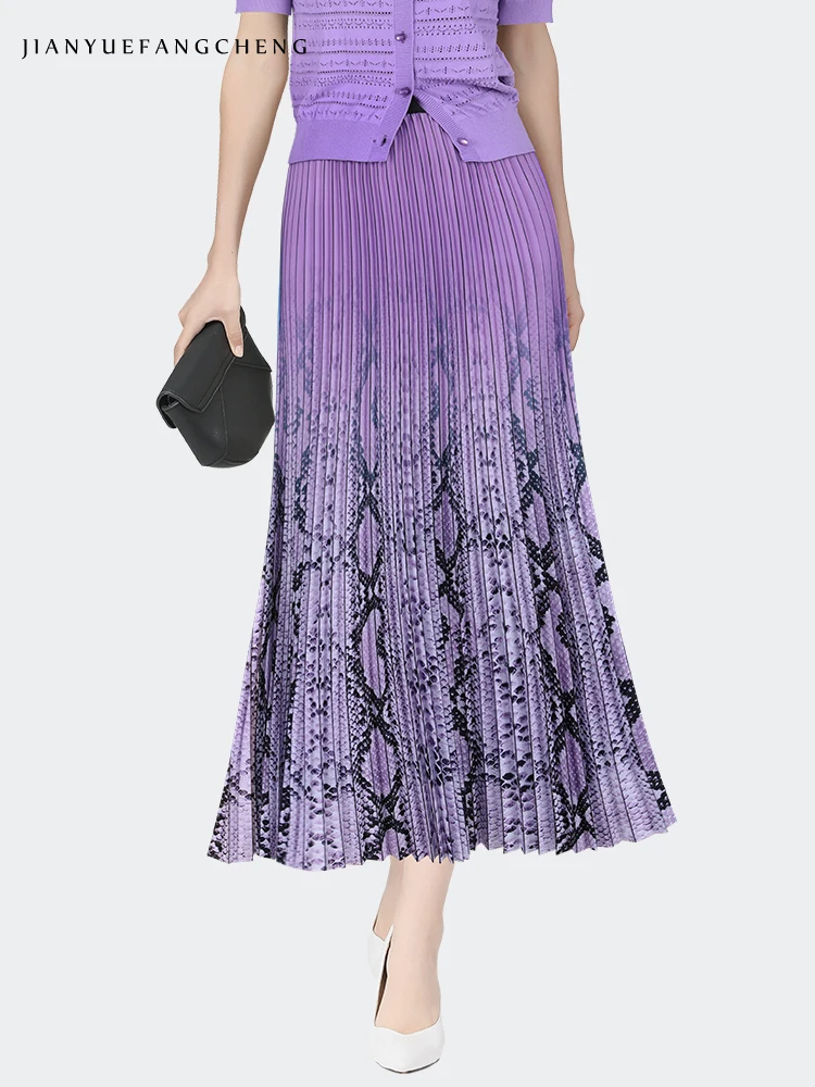 Womens Mid-length Pleated Skirts Gradient Snake Skin Printed Elastic Waist A-line Elegant Flowy Spring Summer Trendy Bottoms