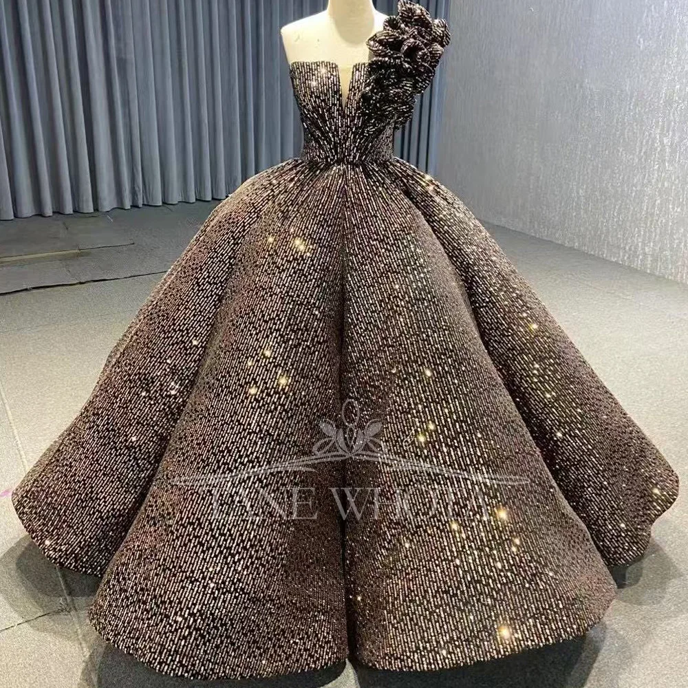 

Luxe Strapless Sleeveless Evening Dress with 3D Flowers Sequins Black Gold Lace-up Back Customized Women's Party Gown
