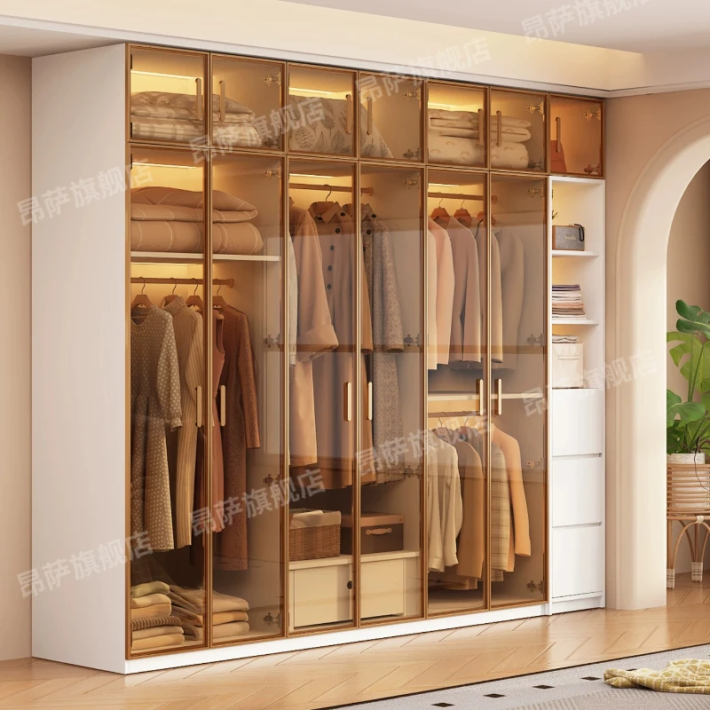 Minimalist Modular Spliced Clothes Armoire Customizable Size Solid Wood Storage Wardrobe with Transparent Display Glass Panels