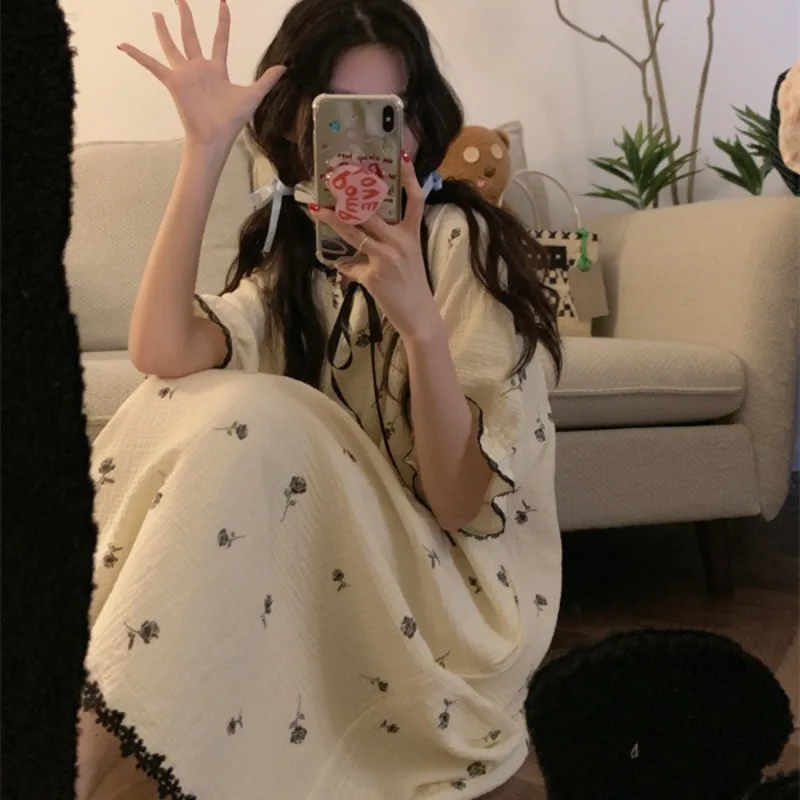 Floral Nightgown Sleepwear Women Korean Lace Summer One Piece Pajamas Dress Short Sleeve Tie Night Sleeping Home Wear 2024 New