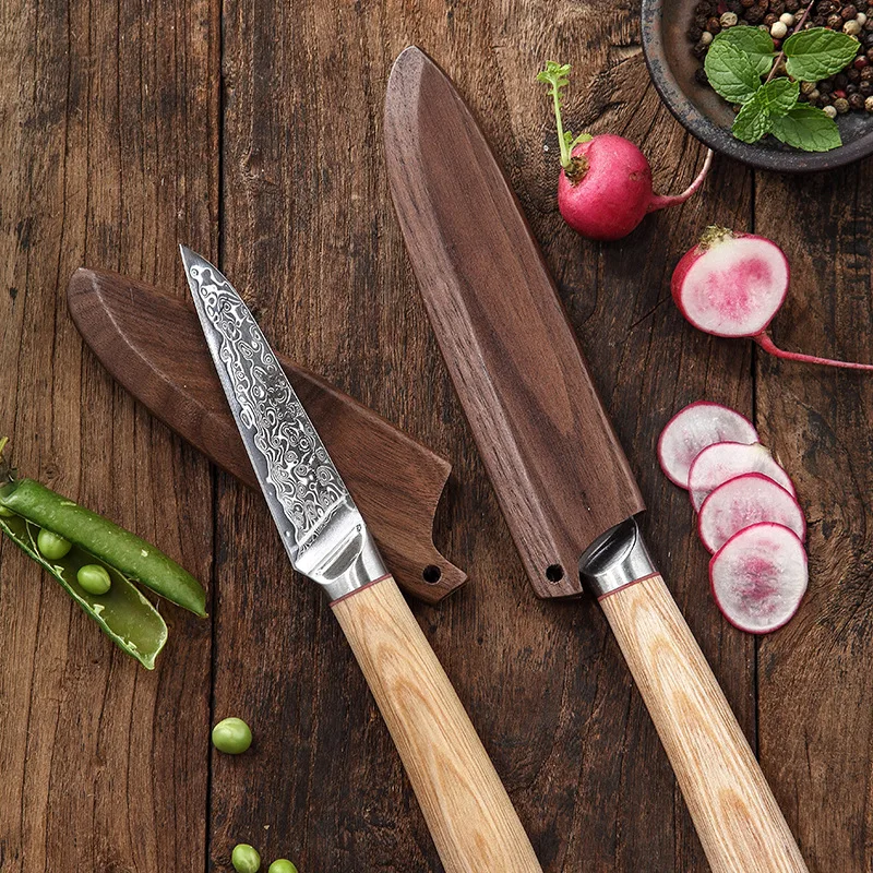4 Inch Paring Knife With Walnut Sheath 67-layers Damascus Steel VG-10 Blade Wood Handle Utility Slicing Cleaver Kitchen Knife