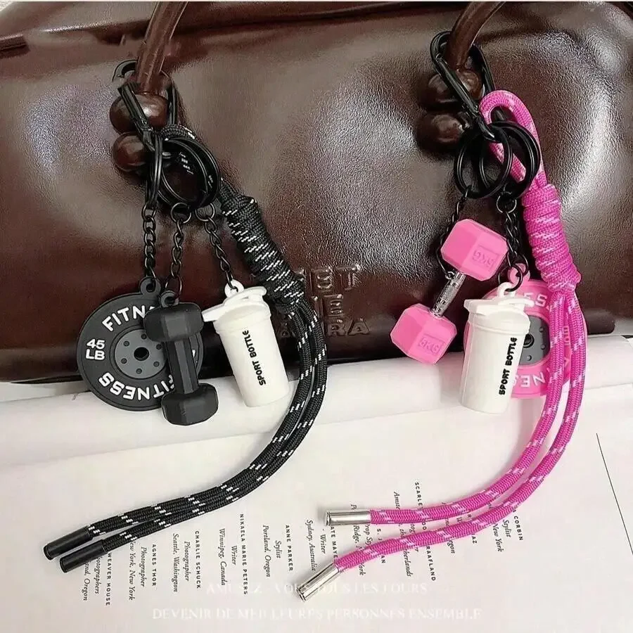 

Fitness Themed Keychain Lanyard With Dumbbell Barbell Pendant Bag Charm Rubber PVC Accessory
