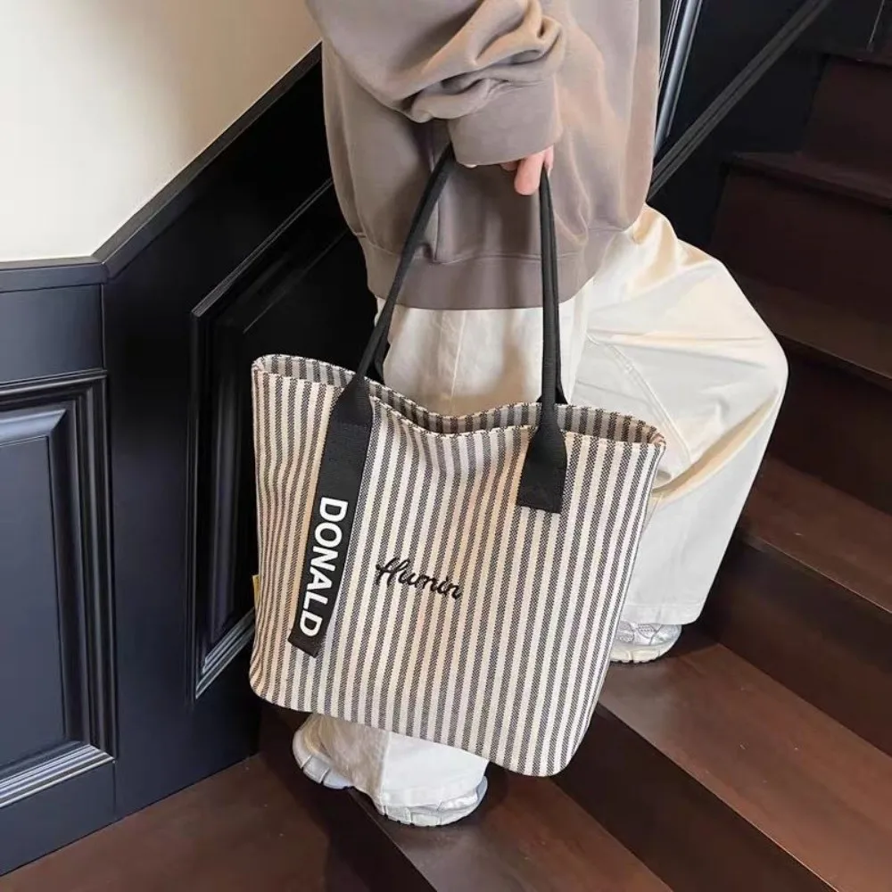 Fashion Striped Tote Bag Large Capacity Canvas Shoulder Bag Multifunctional Commuting Bag Women