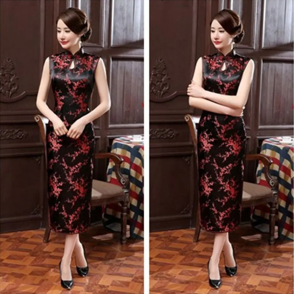 Vestidos Cheongsam con estampado Floral, vestidos ajustados con cuello mandarín de estilo chino, ropa tradicional Vintage sin mangas para boda
