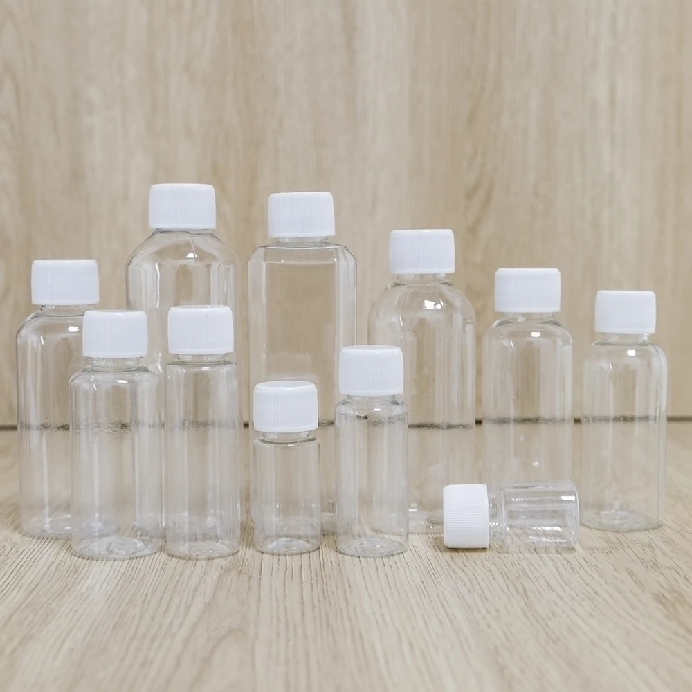 100Pcs 5ml 10ml 20ml 30ml 50ml 80ml 100ml Refillable Bottles PET Clear Empty Seal Bottles Sample Containers Plastic Screw Cap