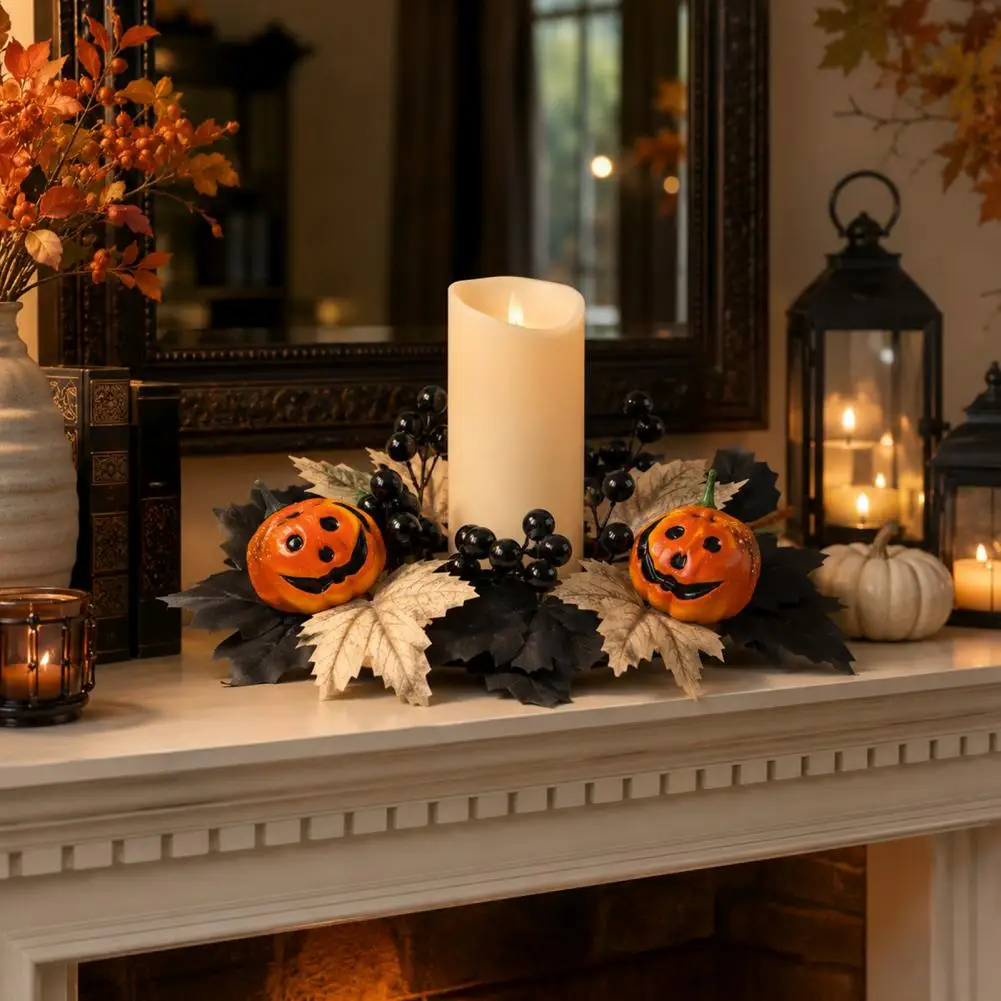 Artificial Maple Leaf Wreath Pumpkin Candle Ring with Black Maple Leaves Berries 26cm Artificial Halloween Wreath for Door Wall