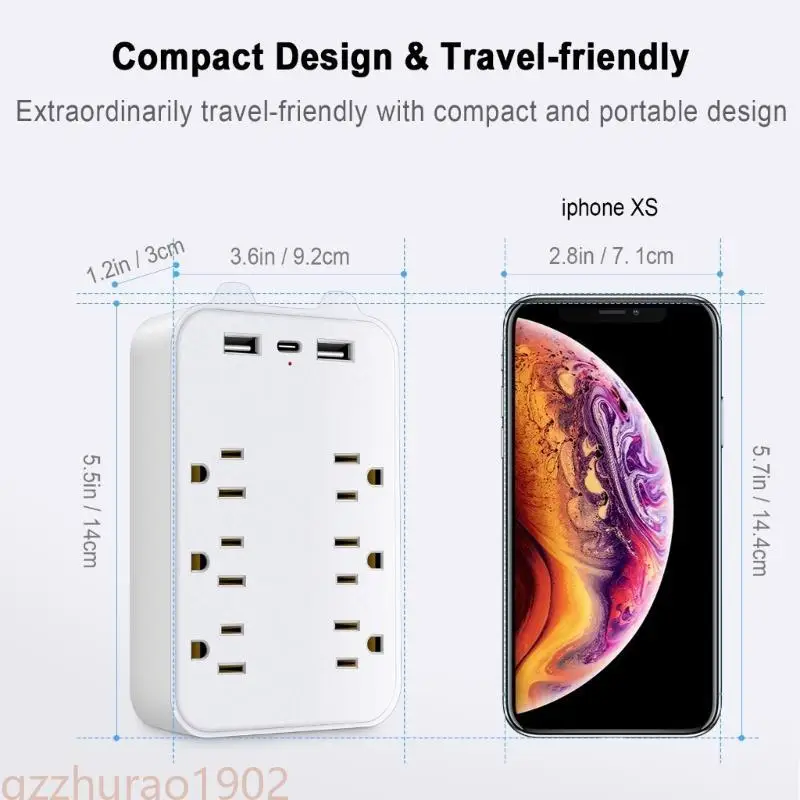 

97QB Electrical Outlet Extender с 6 пробками, 2 USB -портом, 1 USB C, множественная функция