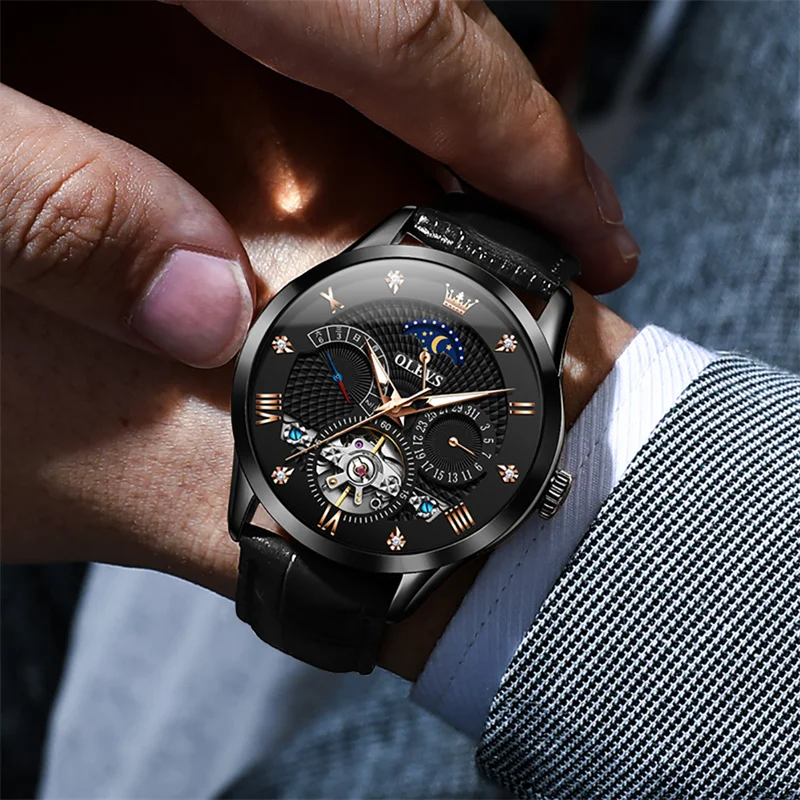 

Reloj Hombre OLEVS Классические многофункциональные кожаные мужские часы Автоматические механические часы Мужские часы с турбийоном