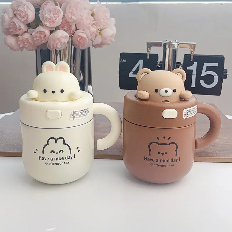 1pc 530ml Cute Thermal Mug Insulated Coffee Tumbler For Hot Cold Drink Large Capacity Thermos Stainless Steel Cup With Straw Lid