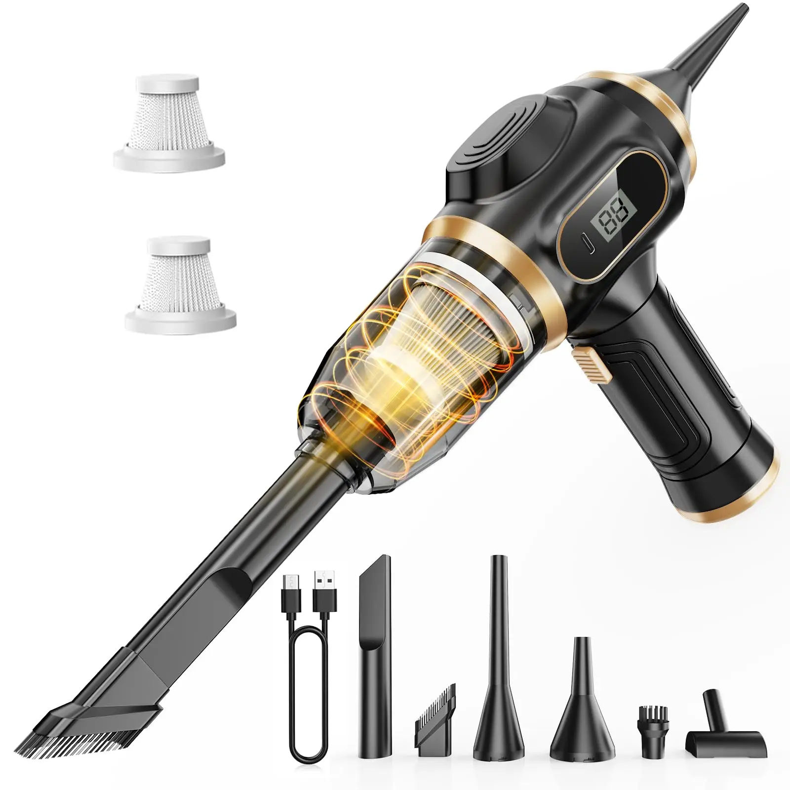 Cordless Handheld Car Vacuum, Rechargeable High Power with LCD, Multi-Nozzles for Pet Hair & Home