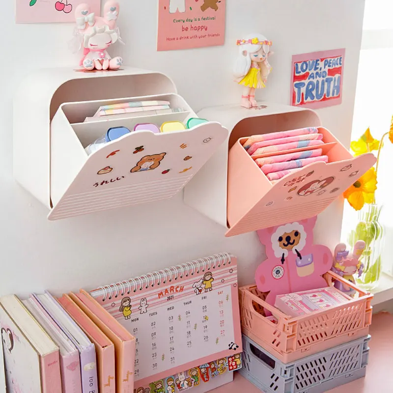 W&G Kawaii Storage Organizer Adhesive Large Storage Box Sanitary Napkin Cosmetics Organizer Decorative Box Bathroom Accessories