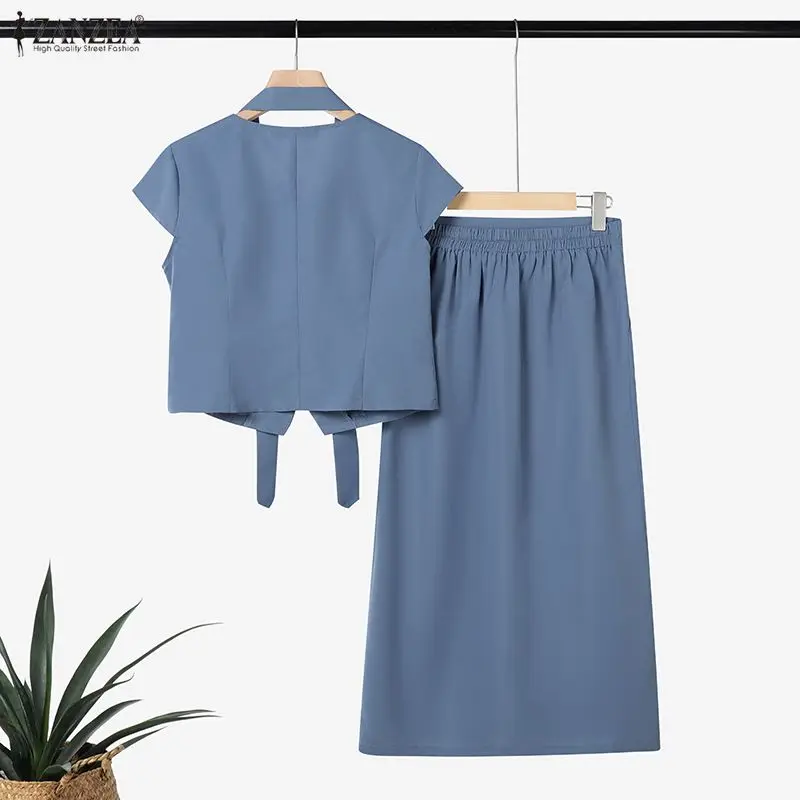 ZANZEA Women Dress Sets Summer Short Sleeve Buttons V-Neck Shirts Belted and Skirts Elegant Office Lady 2PCS 2026 Fashion Outfit