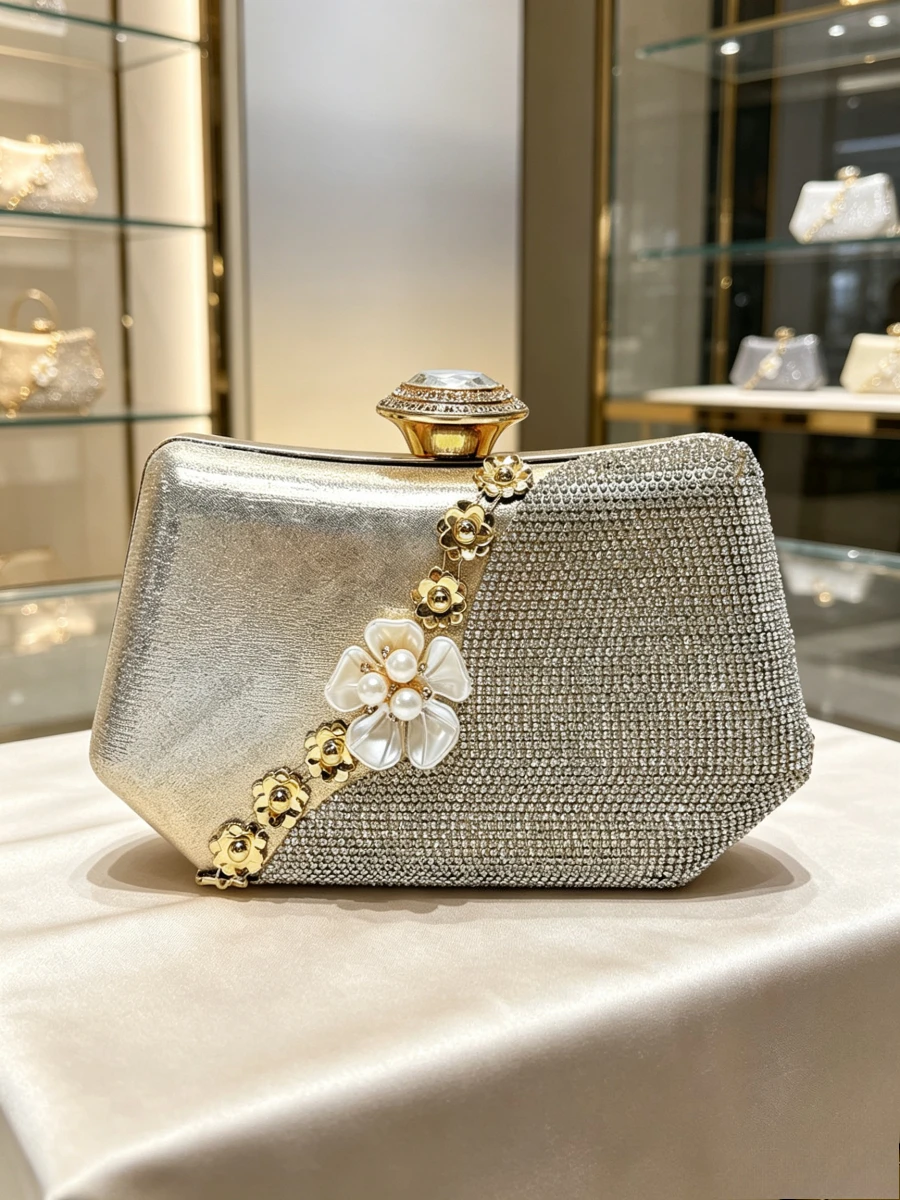 Gold Silver Two-tone Pearl Flower Gradient Rhinestone Trapezoid Lock Clutch Luxury Gentle Evening Bag Middle Aged Women Purse