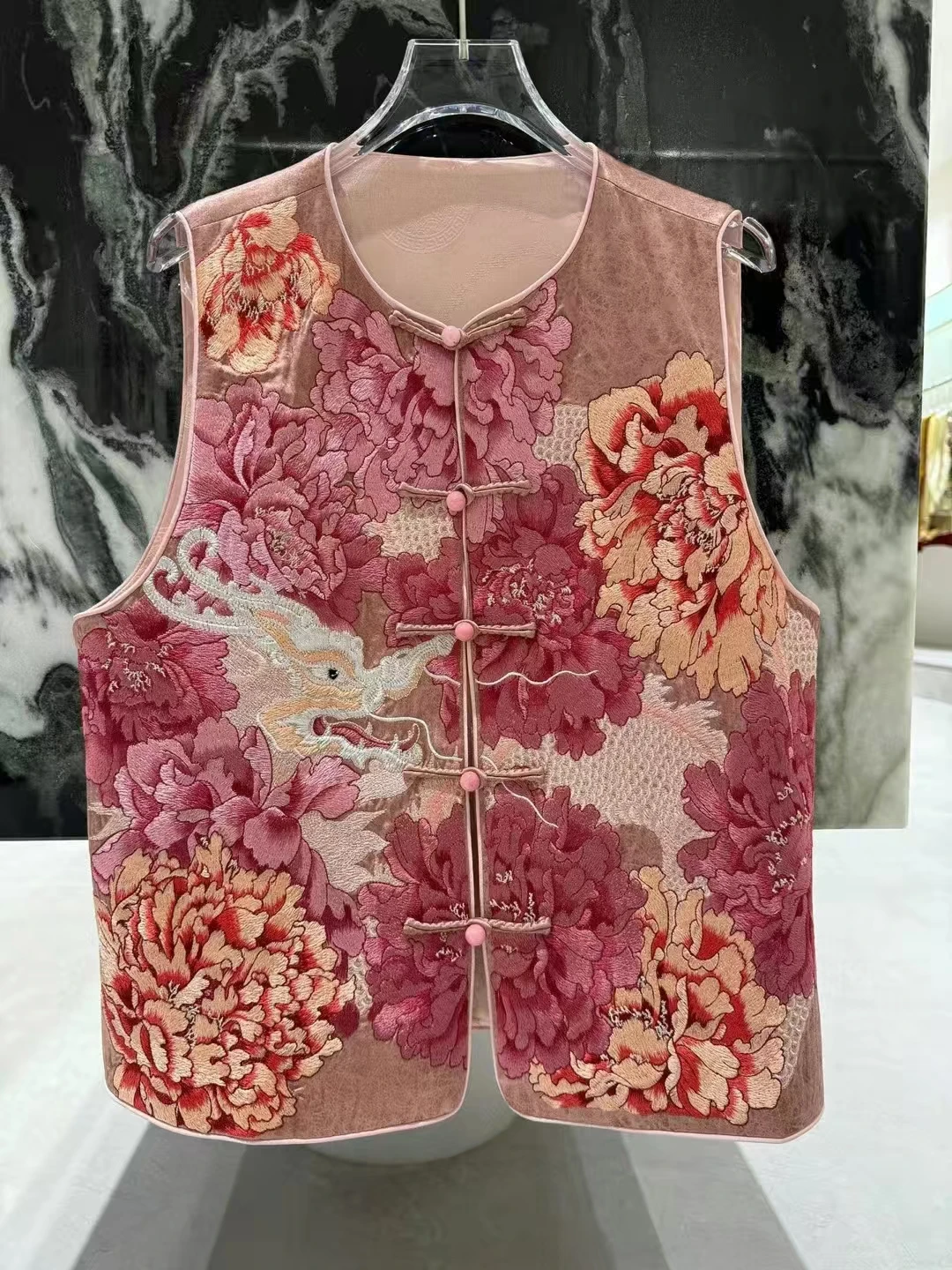 Spring And Summer New O-Neck High End Acetate Fabric Embroidered Dragon +Peony Chinese Style Handmade Button Vest Women S-XL