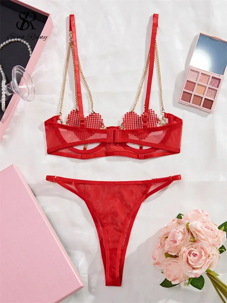 SINGREINY Hollow Out Spliced Chain Erotic Lingerie Sets Fashion Club Sensual Sleepwear Female Sheer Love Sexy Underwwear Suits