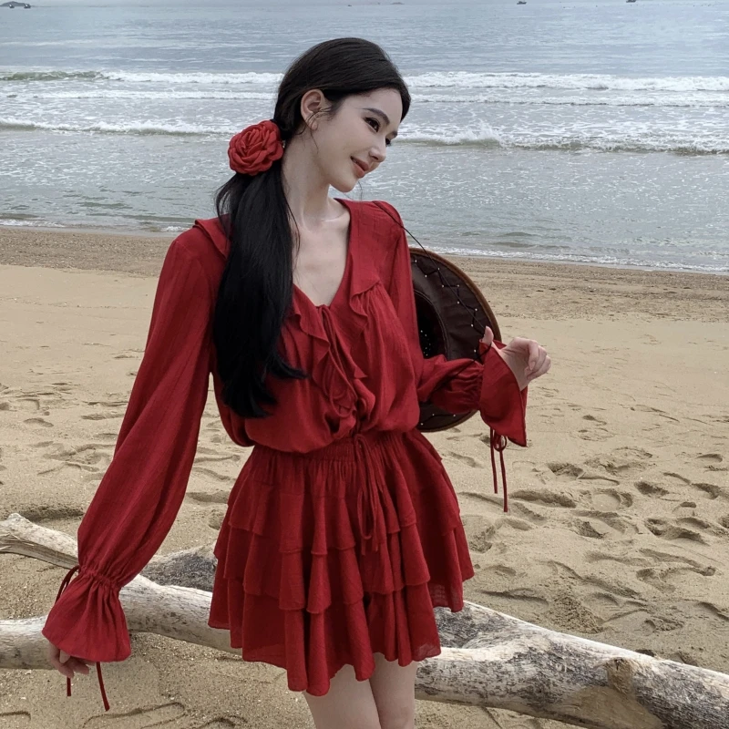 

Женский комплект дорожной одежды Red Long Sve Dr в стиле ретро, юбка с завязкой на талии, ансамбль V Ne ort Sve, смесь полиэстера