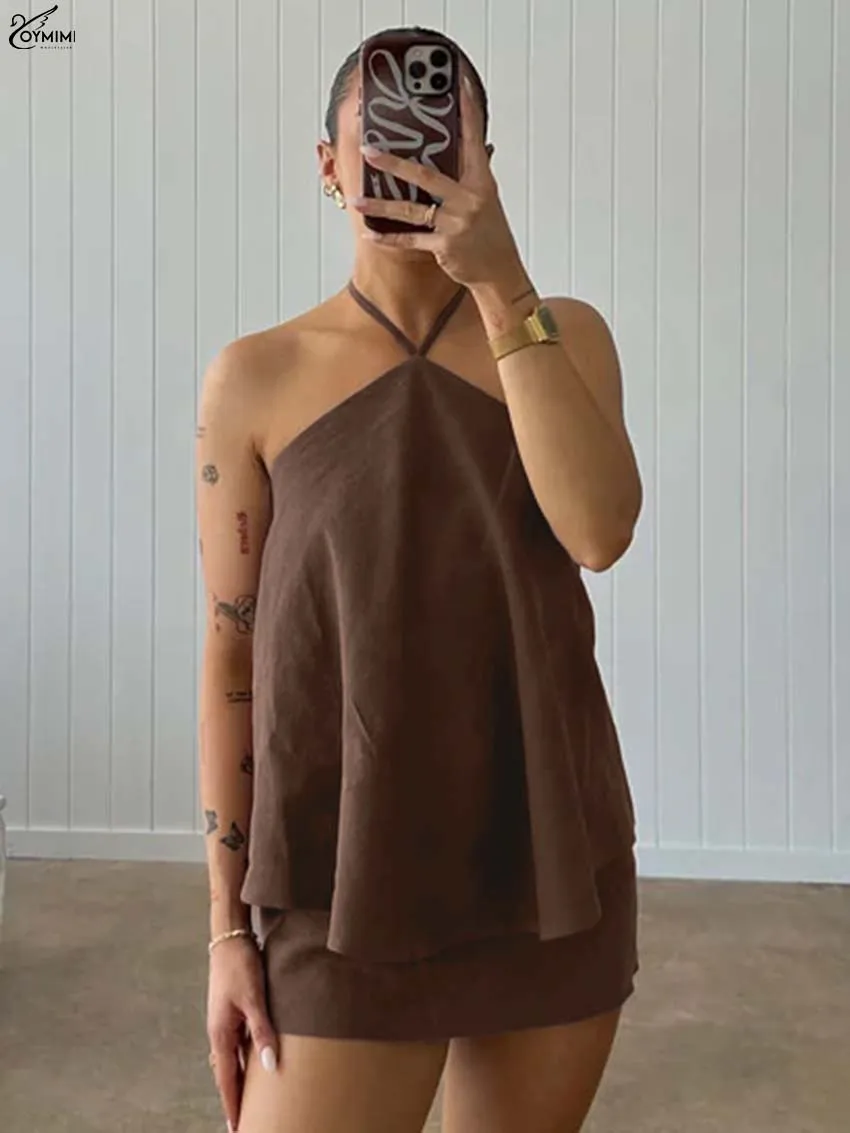 

Oymimi Fashion Brown Cotton 2 Pieces Set For Woman Elegant Halter Neck Open Back Lace-Up Blouses And Straight Mini Skirts Sets