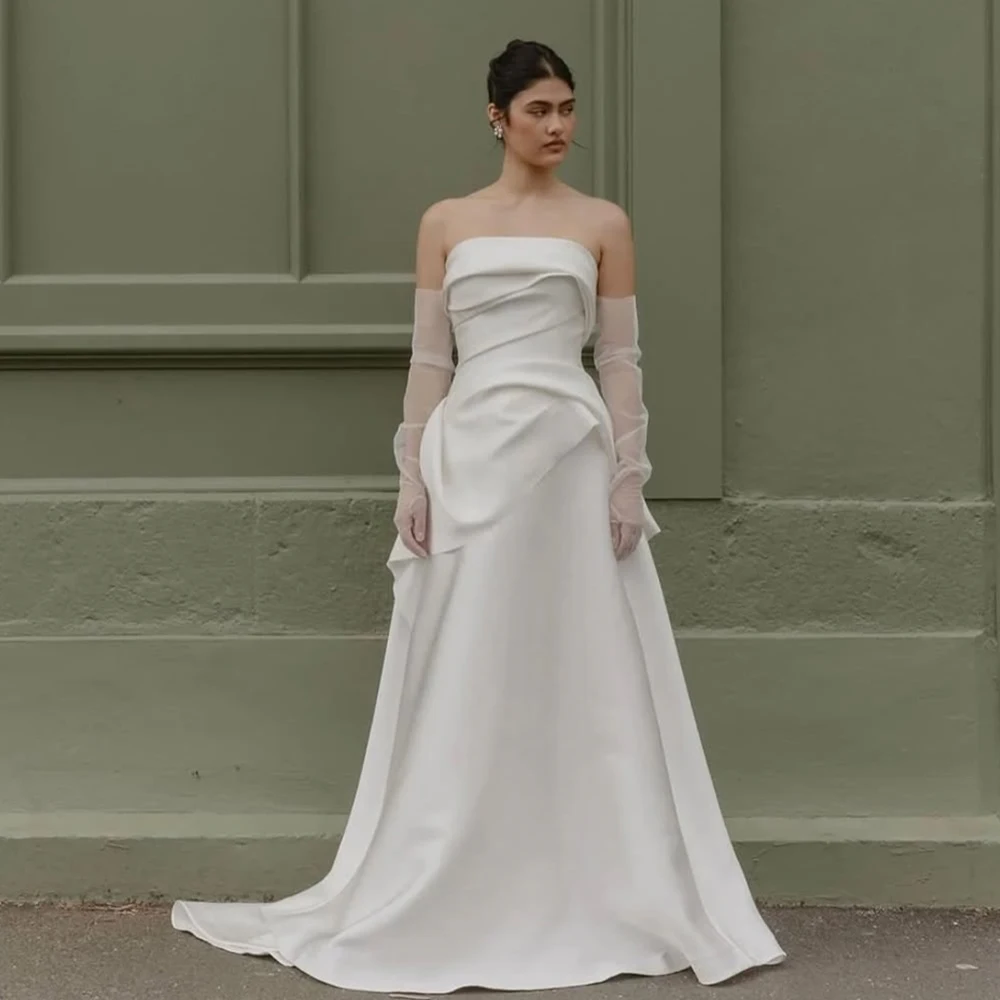 

Customized Satin A Line Wedding Dress Cowl Neck With Draped Detail Detachable Tulle Gloves Court Train For Bridal Celebration