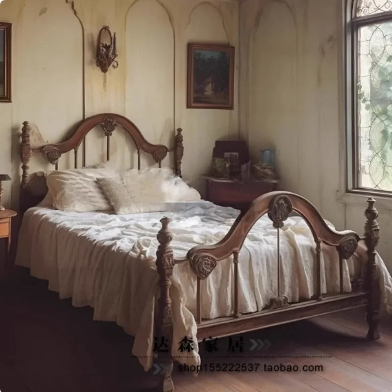 American rural antique solid wood double bed villa carved princess antique style homestay designer master bedroom wedding