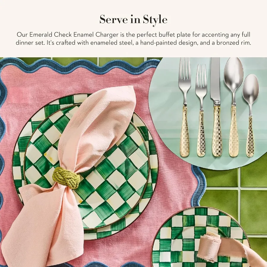 Piring Hias Enamel untuk Piring Makan atau Dekorasi Rumah 12 Inci Hijau dan Putih Motif Emerald Check