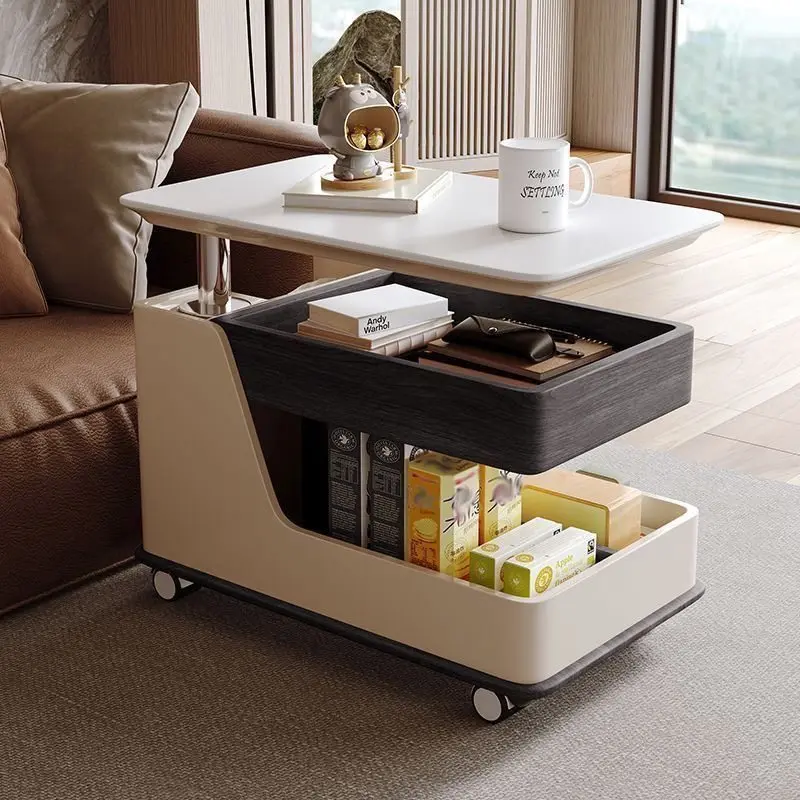 Solid wood mobile coffee table/side table - adjustable height, multi-functional, narrow cabinet for small apartments/home use