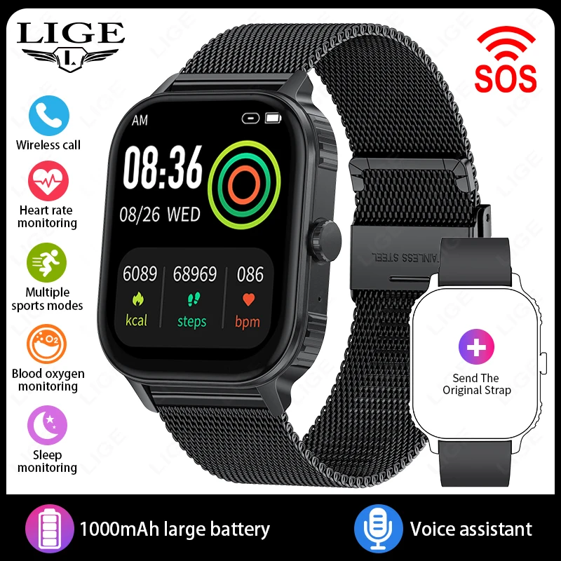LIGE Smart Watch with 1000mAh Battery and Full Touch Screen